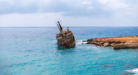 Aerial View of Shipwreck off the Coast of Cyprusの写真素材