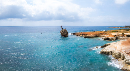 Aerial View of the Edro III Shipwreck off the Coast of Cyprusの写真素材