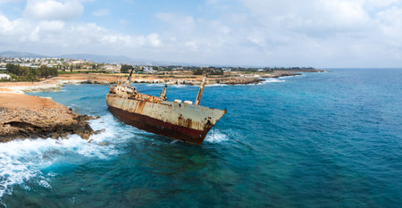 Aerial View of Shipwreck Near Cyprus Coastlineの写真素材