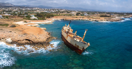 Aerial View of Edro III Shipwreck Near Rocky Coastline in Cyprus
