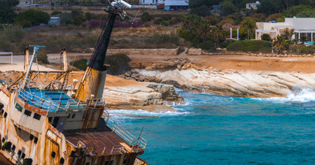 Aerial View of Edro III Shipwreck Near Cyprus Coastlineの写真素材