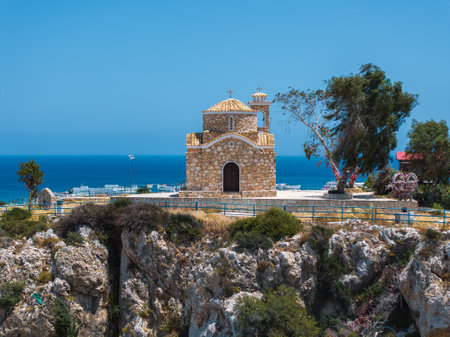 St. Elias Church on Rocky Hill with Mediterranean Sea in Backgroundの写真素材