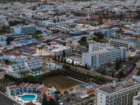 Aerial View of Ayia Napa Town with Resorts and Swimming Poolsの写真素材