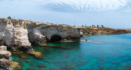 Aerial View of Limestone Cliffs and Sea Cave in Ayia Napa, Cyprusの写真素材