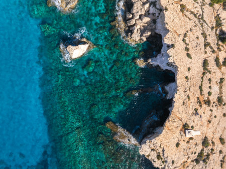Aerial View of Cliffs and Turquoise Waters in Ayia Napa, Cyprusの写真素材