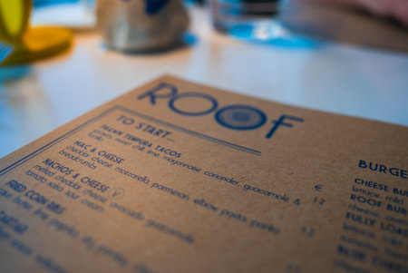 Close Up of Restaurant Menu Titled ROOF with Food Options