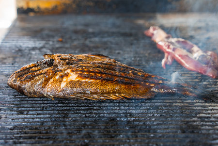 Close Up of Grilled Fish and Meat on a Metal Grill with Rising Smokeの写真素材