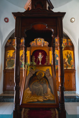 Interior of a Small Chapel in Cyprus with Icon Stand and Altar