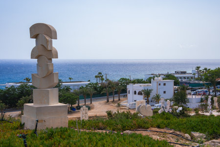 Modern Stone Sculpture Overlooking the Sea in Cyprusの写真素材