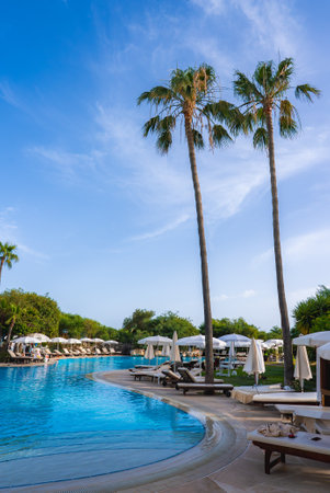 Luxurious Resort Pool Area with Palm Trees in Cyprusの写真素材