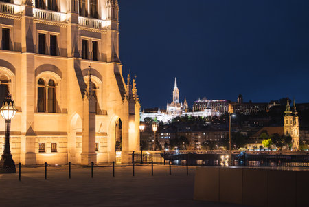 Nighttime View of Budapest with Parliament and Castle Hill Landmarksの写真素材
