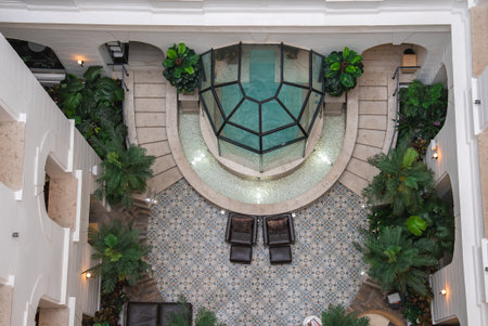 Luxury Boutique Hotel Spa with Glass Enclosed Pool and Greeneryの写真素材