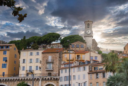 View of Cannes with Church of Our Lady of Esperance and Landmark Signの写真素材