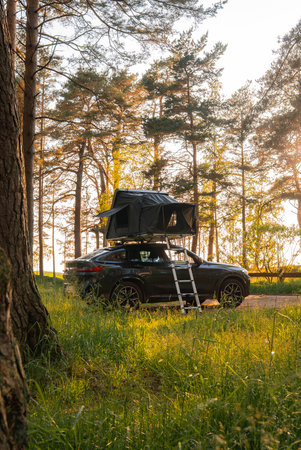 Modern SUV with Rooftop Tent in a Sunlit Forest Settingの写真素材