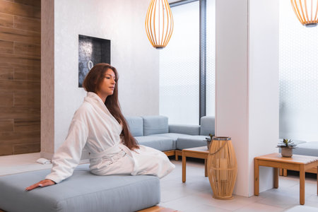 Luxurious Boutique Hotel Spa Interior with Relaxing Seating Areaの写真素材