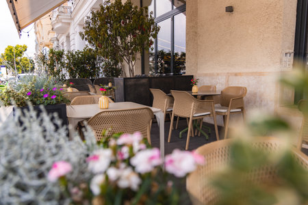 Outdoor Seating Area of Luxury Boutique Hotel with Wicker Furnitureの写真素材
