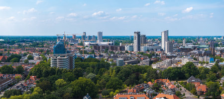 Aerial View of Eindhoven Cityscape with Evoluon and Green Spacesの写真素材