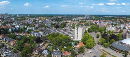 Aerial View of Eindhoven Cityscape with Church and Modern Buildings