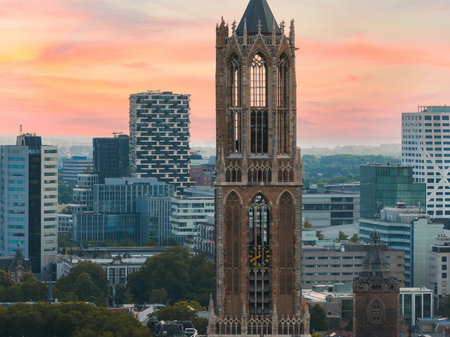 Aerial View of Dom Tower and Modern Architecture in Utrecht, Netherlandsの写真素材