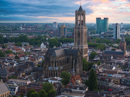 Aerial View of Utrecht Featuring the Iconic Dom Tower in the Centerの写真素材