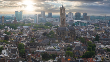 Aerial View of Utrecht Featuring Dom Tower and Cityscape Contrastの写真素材