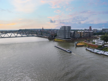 Aerial View of Nijmegen with Waal River and Steel Bridgeの写真素材