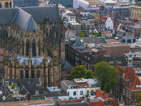 Aerial View of Utrecht with Dom Tower and Traditional Dutch Buildingsの写真素材