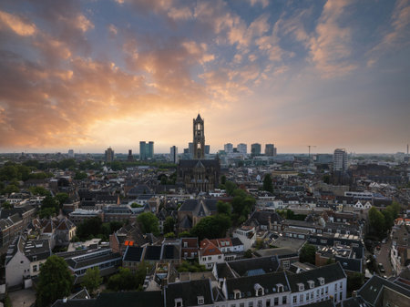Aerial View of Utrecht with Dom Tower at Sunset in the Netherlandsの写真素材