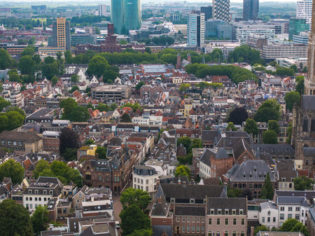 Aerial View of Utrecht with Dom Tower and Modern Green Glass Towerの写真素材