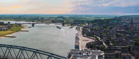 Aerial View of Nijmegen with Waal River and Waalbrug in Netherlandsの写真素材