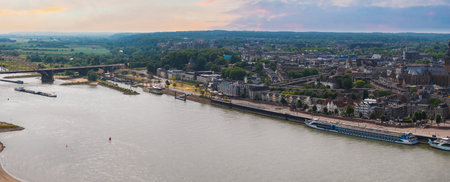 Aerial View of Nijmegen, Netherlands with Waal River and Bridgeの写真素材