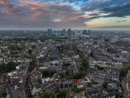 Aerial View of Utrecht with Dom Tower and Sunset Sky in Netherlandsの写真素材
