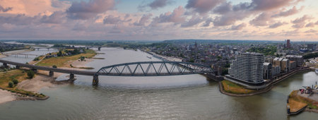 Aerial View of Nijmegen with Waalbrug Bridge and Waal Riverの写真素材