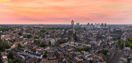 Aerial View of Utrecht with Dom Tower at Sunset in the Netherlands
