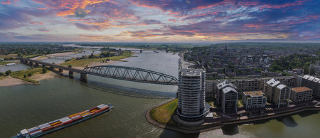 Aerial View of Nijmegen, Waal River, and Waalbrug in Netherlandsの写真素材