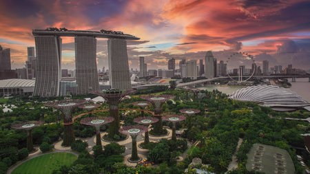 Aerial View of Marina Bay Sands and Singapore Skyline at Sunsetの写真素材