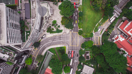 Aerial View of Singapore Intersection with Modern and Traditional Elementsの写真素材