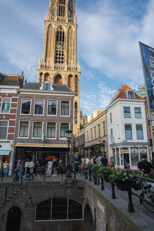 Dom Tower and Canal in Utrechts Historic City Center, Netherlandsの写真素材