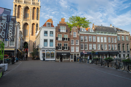Historic Square in Utrecht with Dom Tower and Dutch Architectureの写真素材