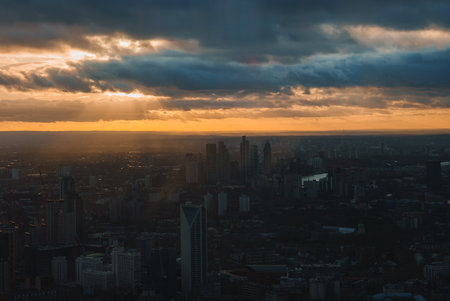 London Skyline at Sunset with River Thames and Iconic Skyscrapersの写真素材