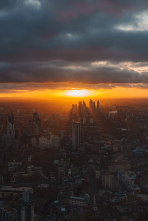Aerial View of London Skyline at Sunset with Iconic Skyscrapersの写真素材