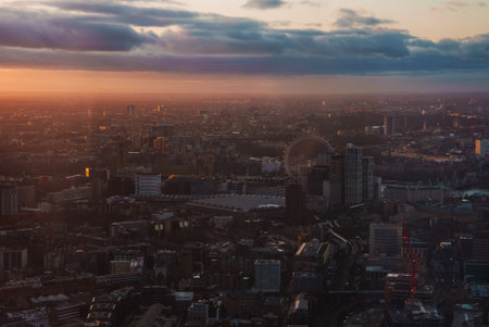 Panoramic View of London at Sunset with London Eye in Distanceの写真素材