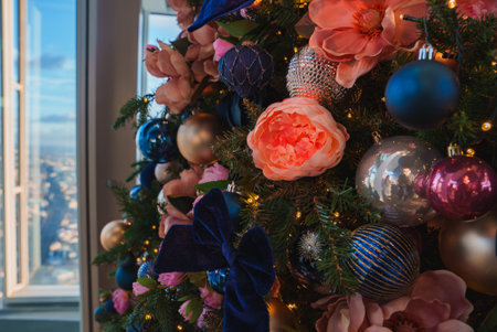 Luxuriously Decorated Christmas Tree with Cityscape View in Londonの写真素材