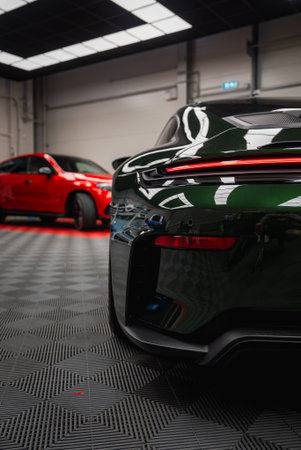 Rear View of Dark Green Porsche 911 GT3 Touring in Tuning Garageの写真素材