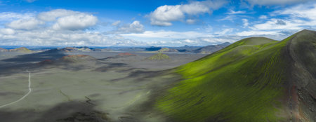 Aerial View of Icelandic Highlands with Moss Covered Hill and Craters