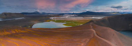 Aerial View of Icelandic Crater Lake and Multicolored Terrain