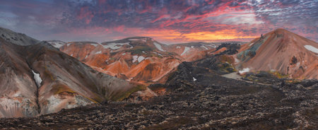 Rhyolite Mountains of Landmannalaugar at Sunset in Icelandの写真素材