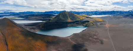 Aerial View of Icelandic Highlands with Crater Lakes and Glaciersの写真素材