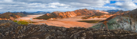 Colorful Rhyolite Mountains and Campsite in Landmannalaugar, Icelandの写真素材