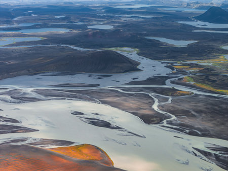 Aerial View of Icelands Volcanic Landscape with Glacial Riversの写真素材